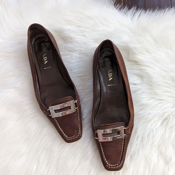 Prada Brown Leather Loafers Silver Buckle 38 - Picture 1 of 7